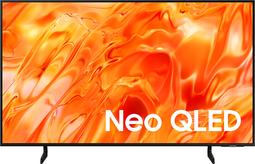 TV Samsung Neo QLED QN72H vista de frente, com imagem laranja no ecrã