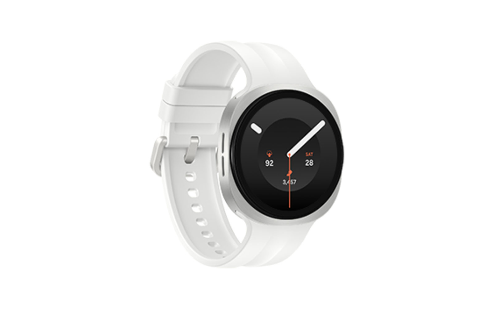 Relógio Samsung Galaxy Watch9 de 40 mm em creme com bracelete desportiva branca, visto de lado em fundo branco