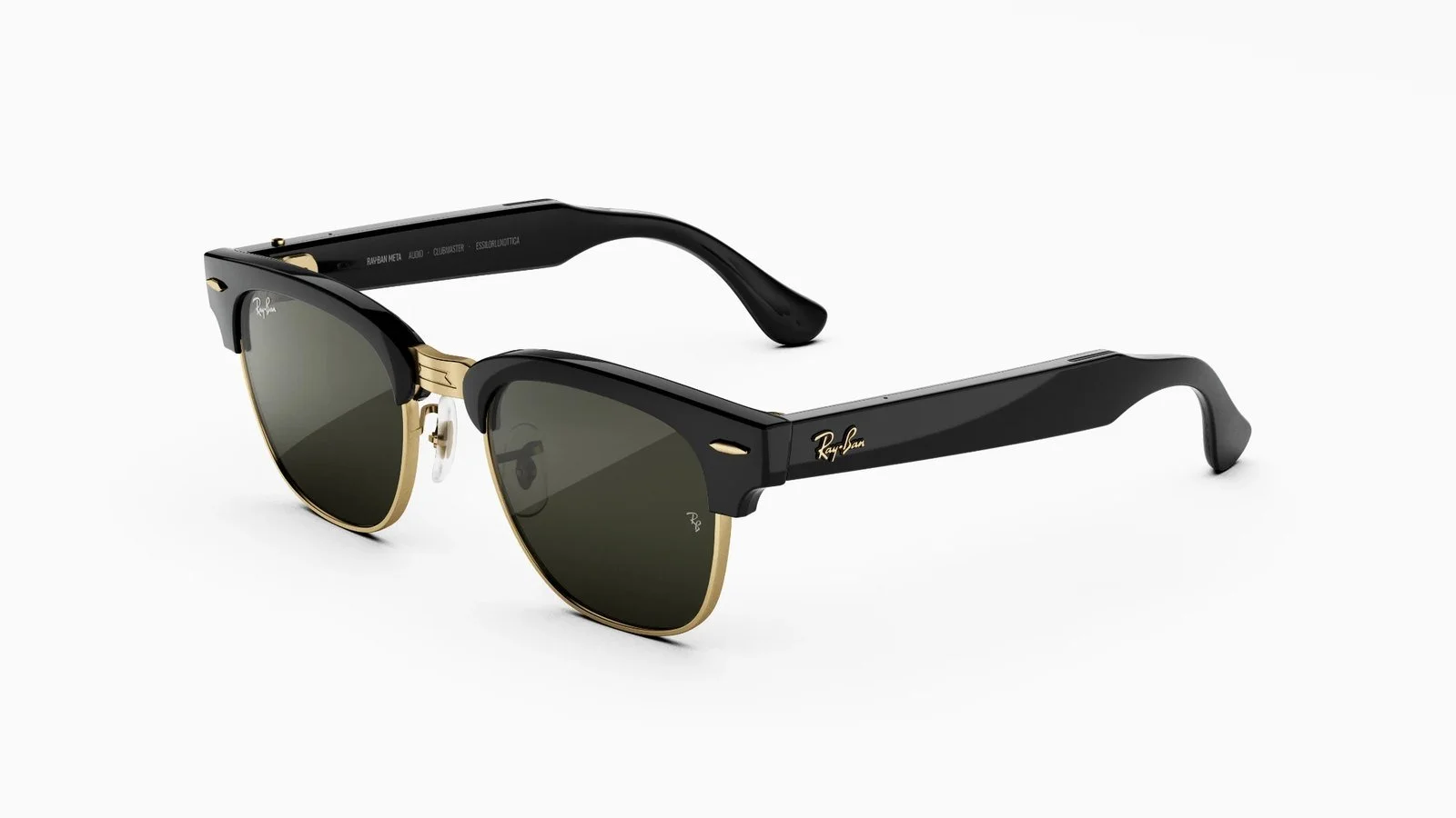 Óculos Ray-Ban Meta Audio Clubmaster com armação preta e dourada e lentes verdes, sobre fundo branco