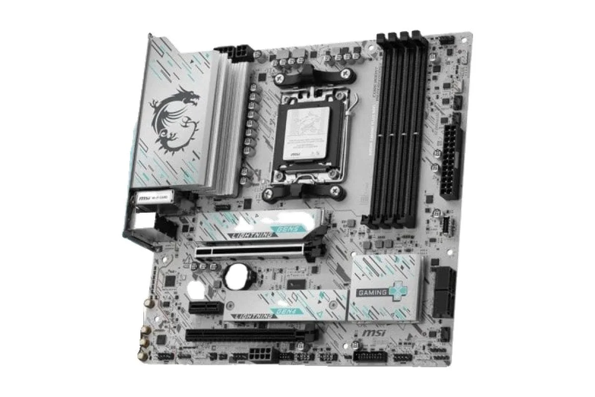 Motherboard MSI B850M Gaming Plus WiFi branca e prateada