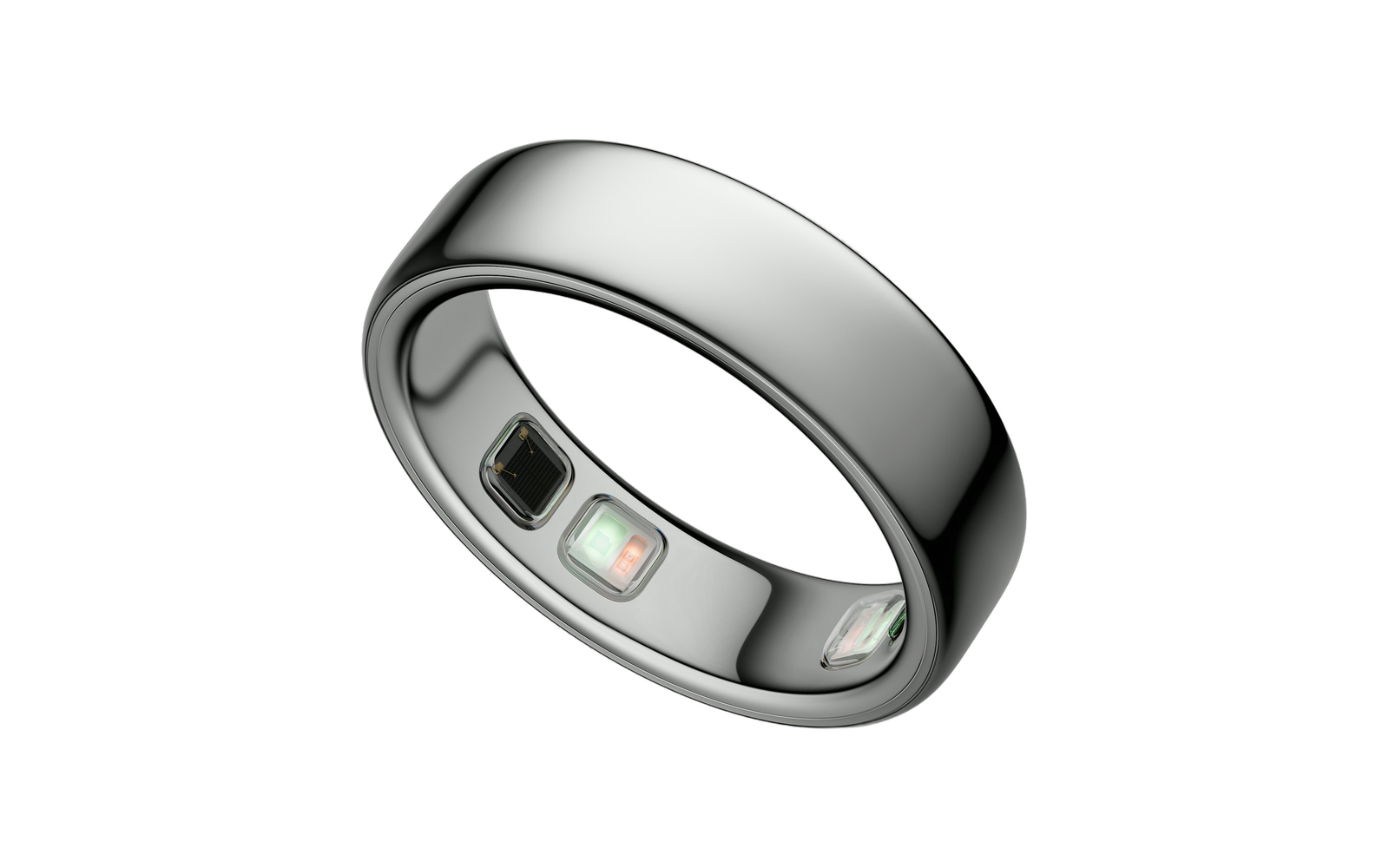Anel inteligente Oura Ring 5 prateado em titânio, com os sensores visíveis no interior, em fundo branco