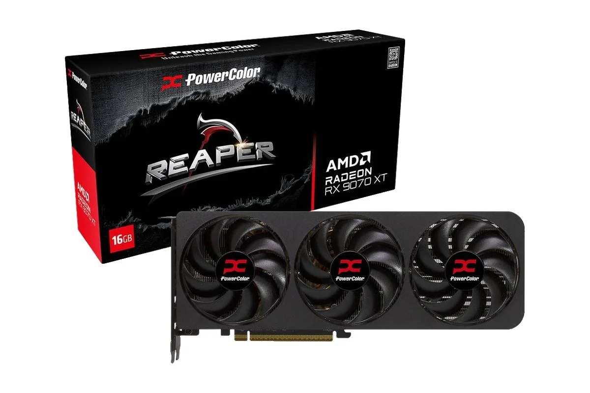 Placa gráfica PowerColor Reaper RX 9070 XT com três ventoinhas, ao lado da caixa