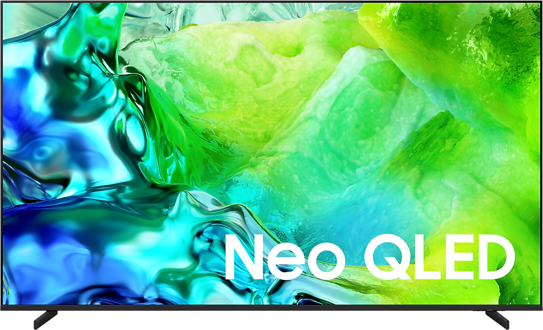 TV Samsung Neo QLED QN80H vista de frente, com imagem verde e azul no ecrã