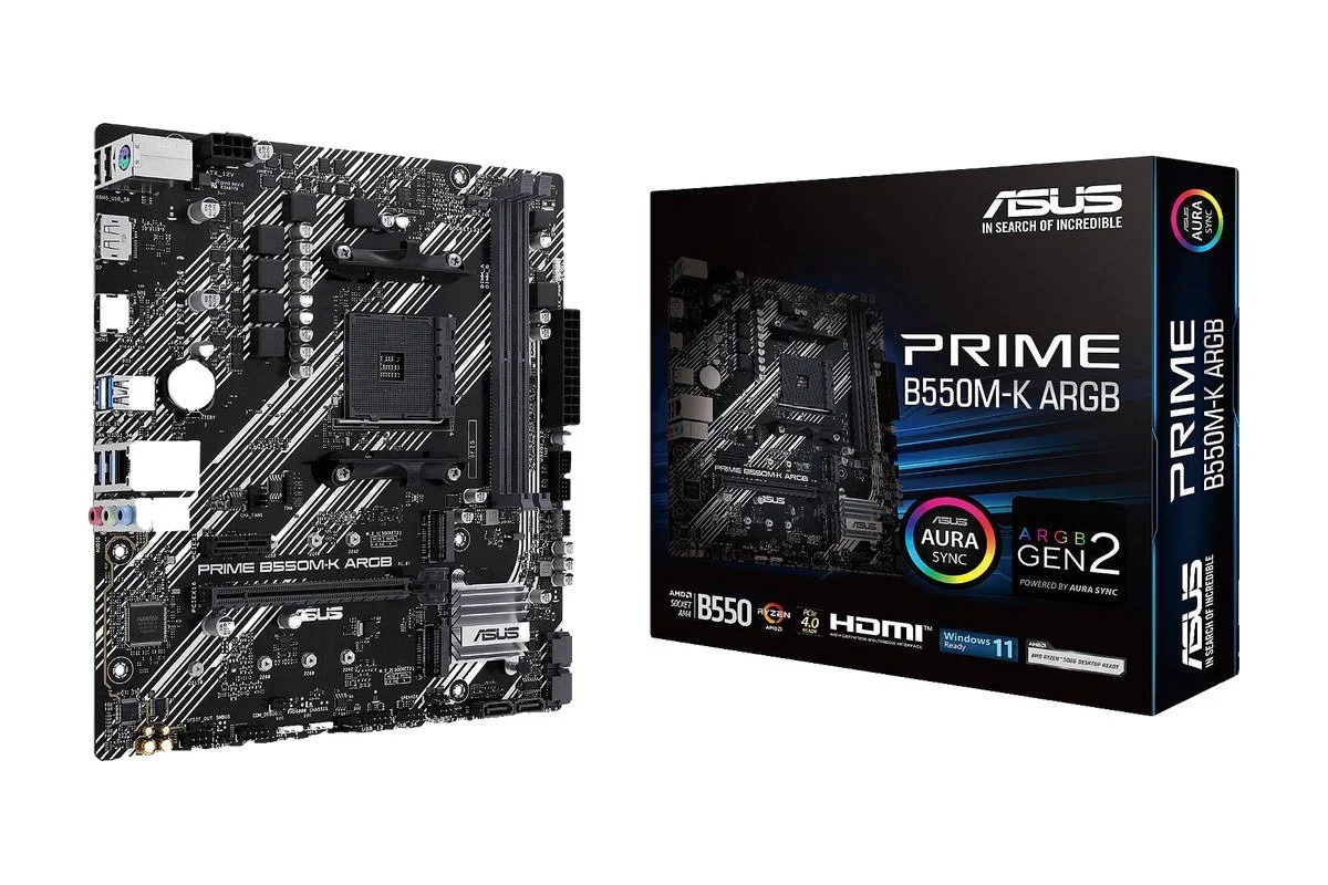 Motherboard Asus Prime B550M-K ao lado da caixa