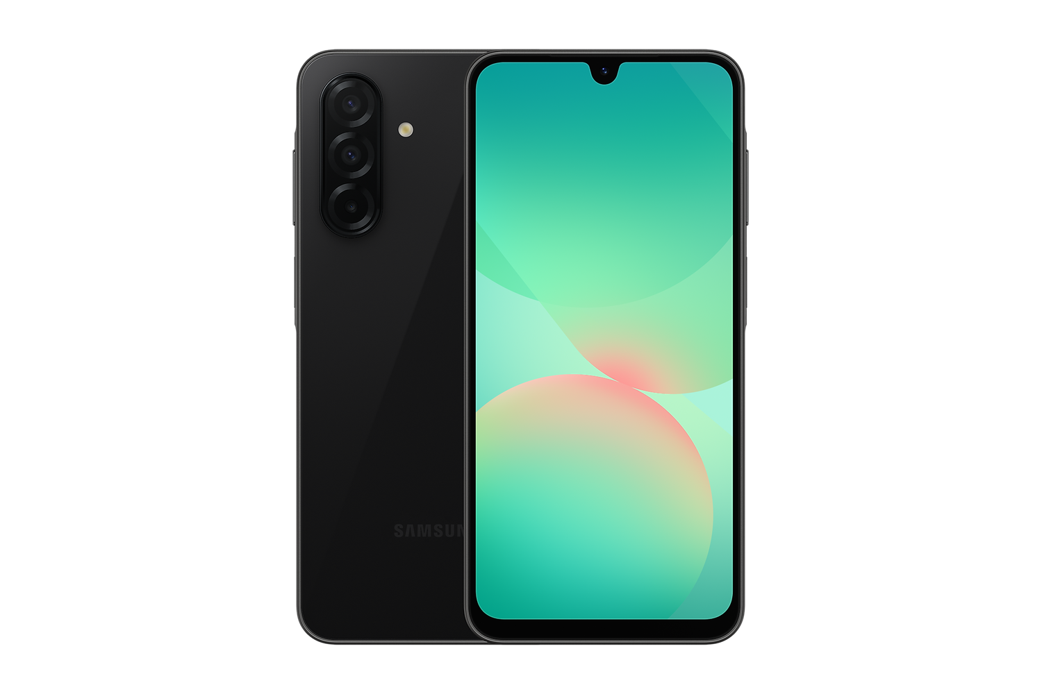 Samsung Galaxy A26 5G preto visto de frente e de trás, em fundo branco