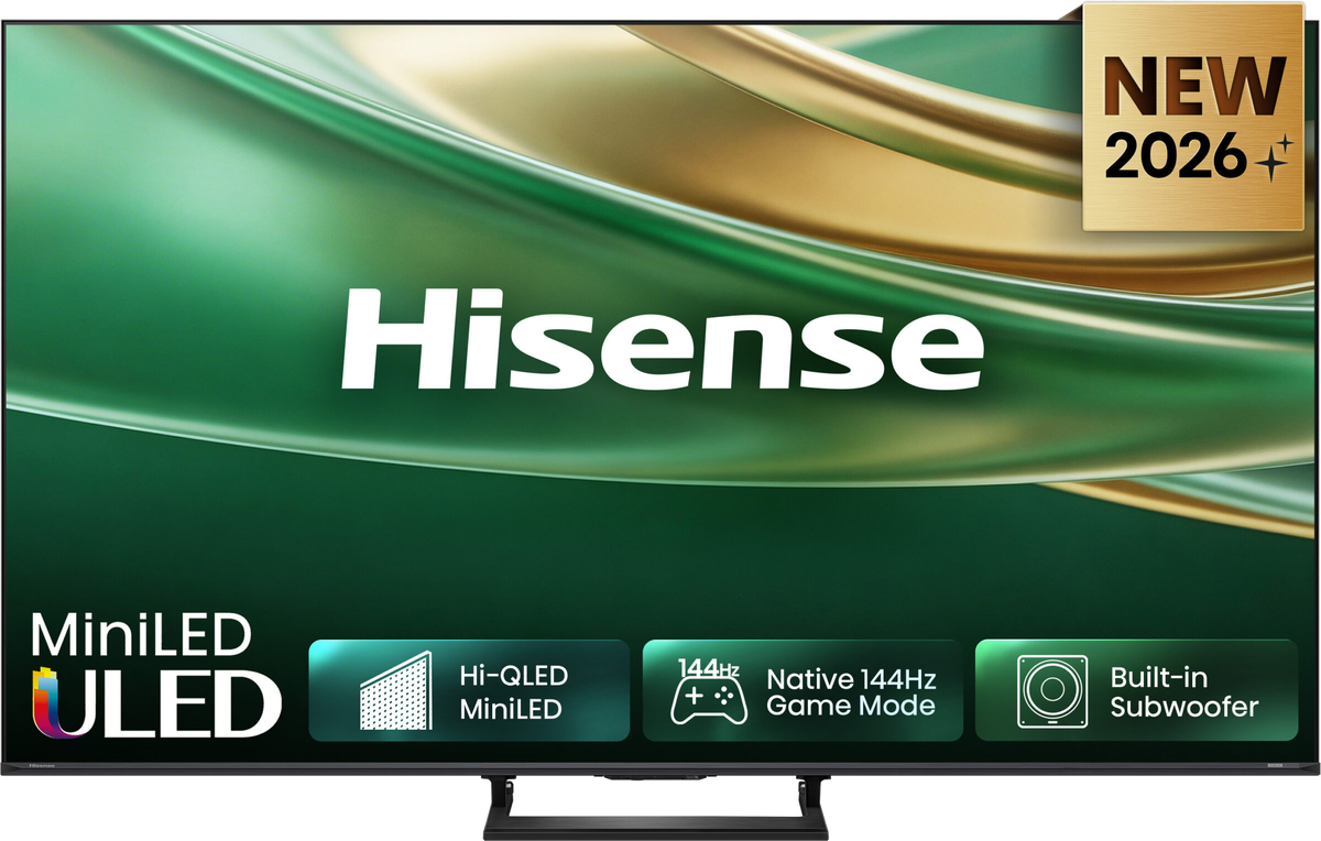 TV Hisense E8S Mini LED de 65 polegadas vista de frente, com o logótipo da Hisense no ecrã