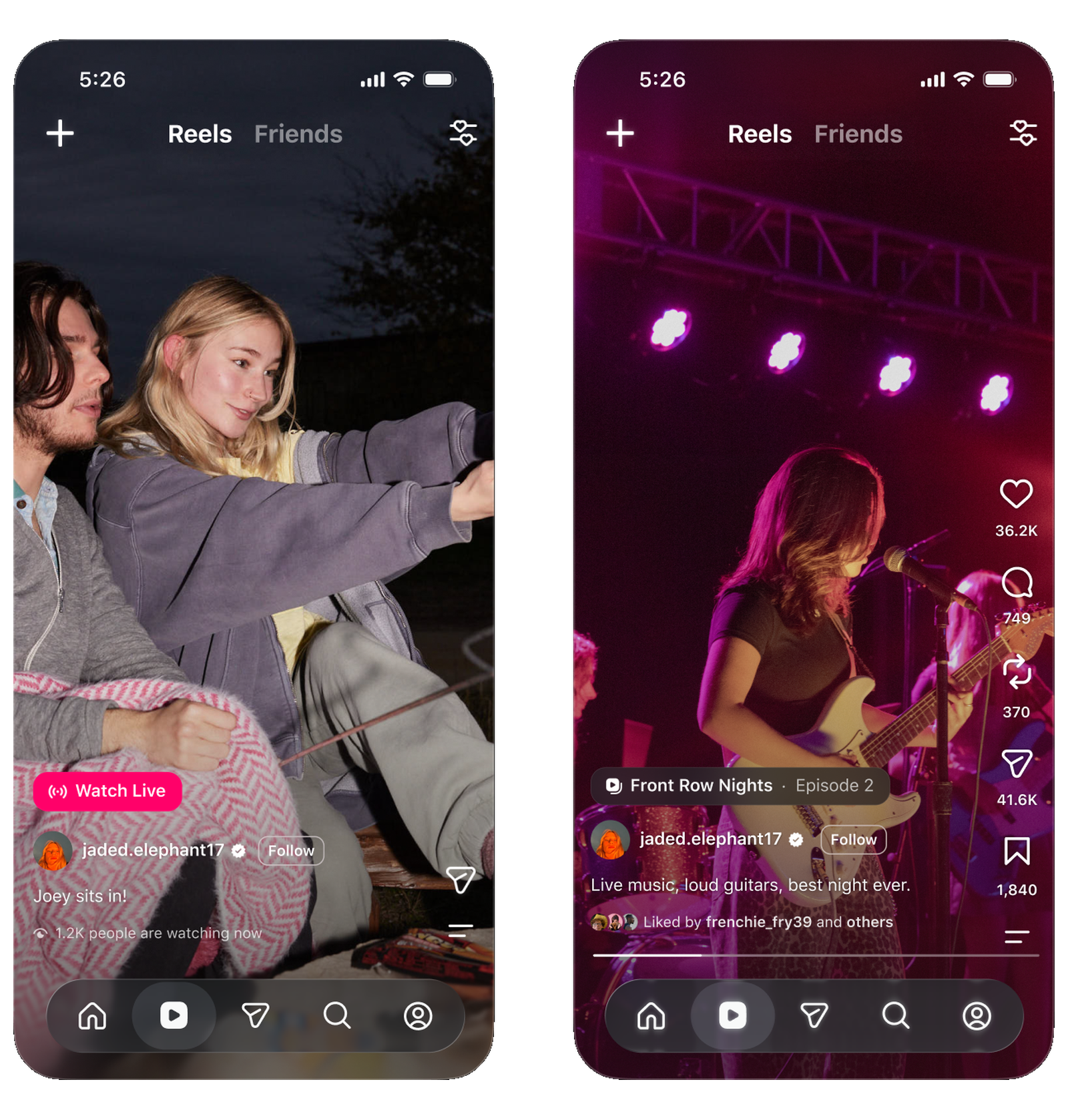 Dois telemóveis com Reels do Instagram, um com um direto em curso e outro com o episódio 2 de uma série de Reels