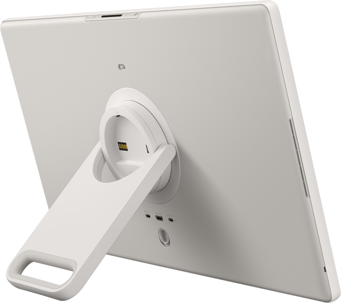Traseira da Samsung The Movingstyle com a pega e o pé integrado aberto