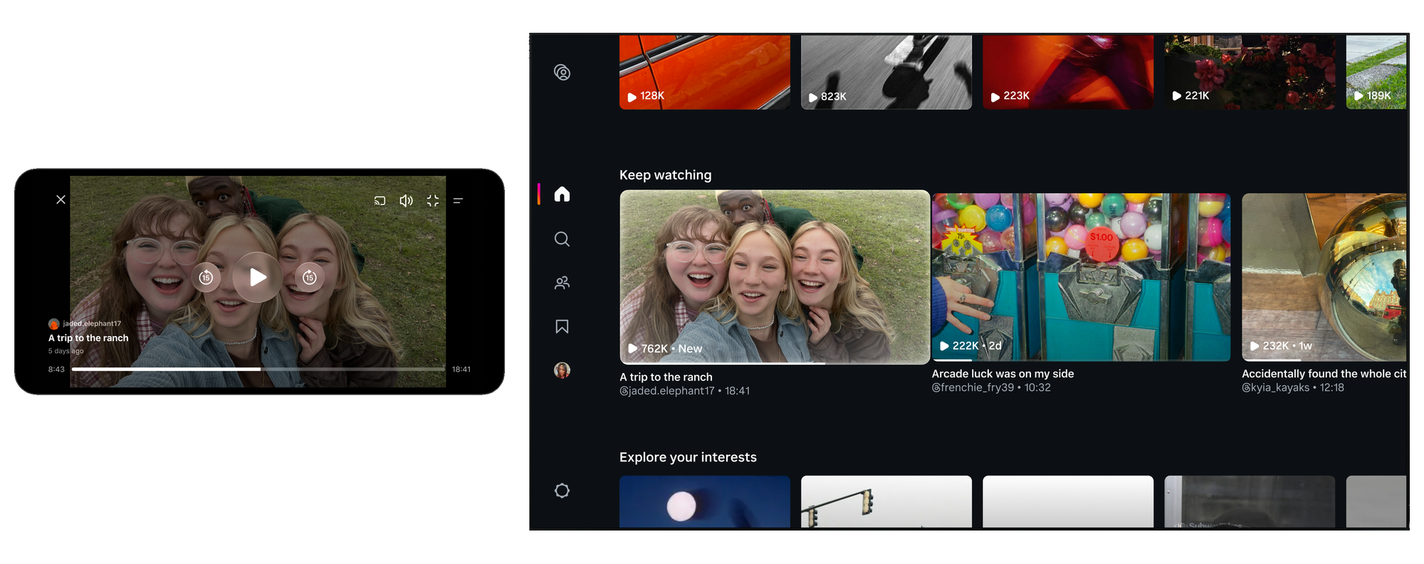 Um vídeo longo na horizontal a ser visto no telemóvel e a mesma secção de vídeos na aplicação do Instagram para televisão