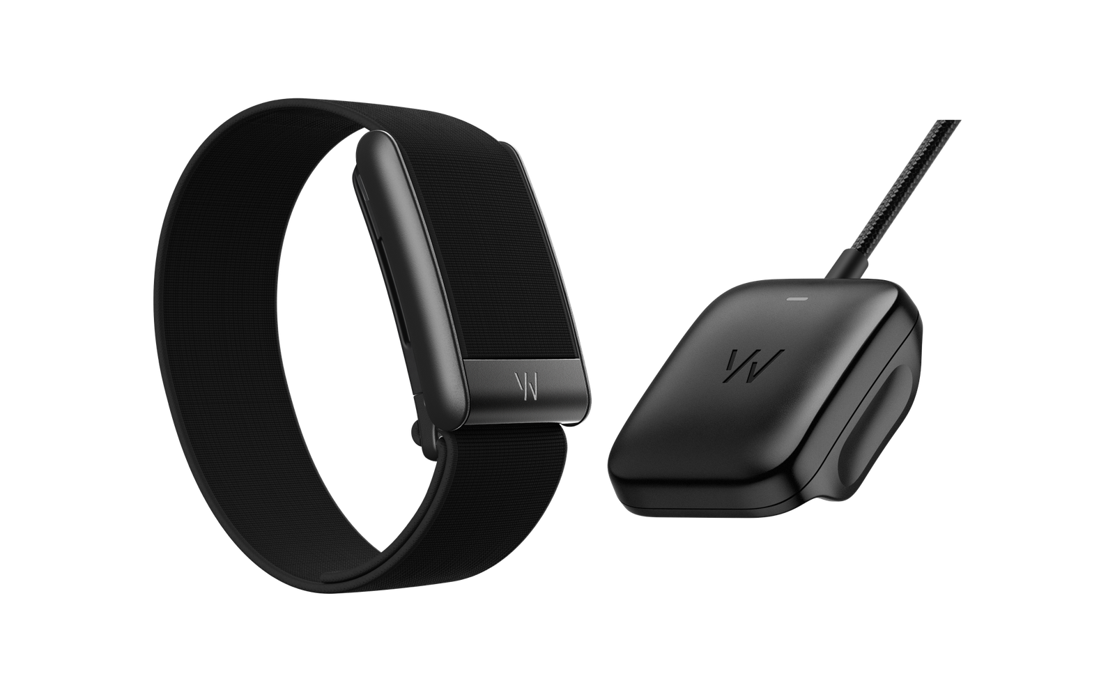 Pulseira Whoop 5.0 preta em tecido ao lado da bateria portátil para carregar, em fundo branco