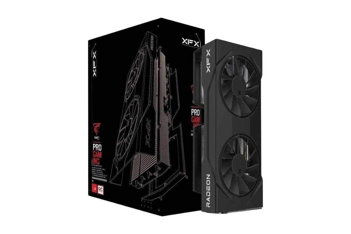 Placa gráfica XFX Swift Radeon RX 9060 XT ao lado da caixa
