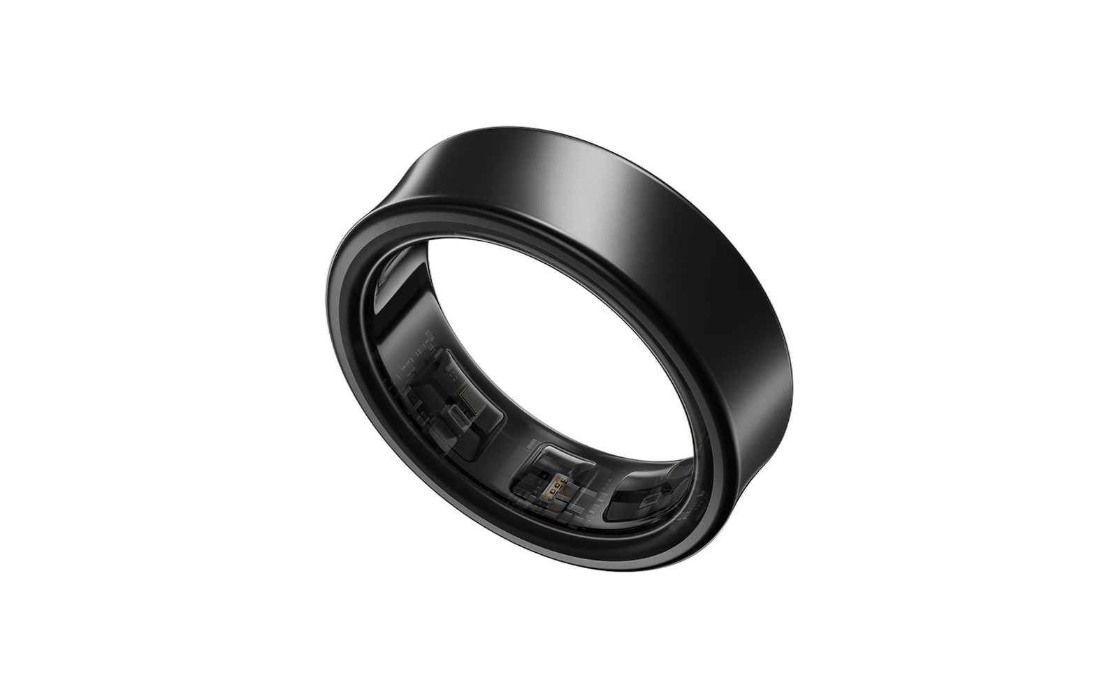 Anel inteligente Samsung Galaxy Ring em titânio preto, visto de lado com os sensores no interior, em fundo branco