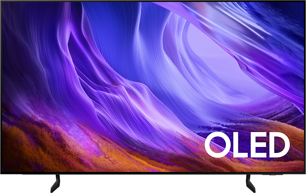 TV Samsung OLED S85H vista de frente, com imagem roxa no ecrã