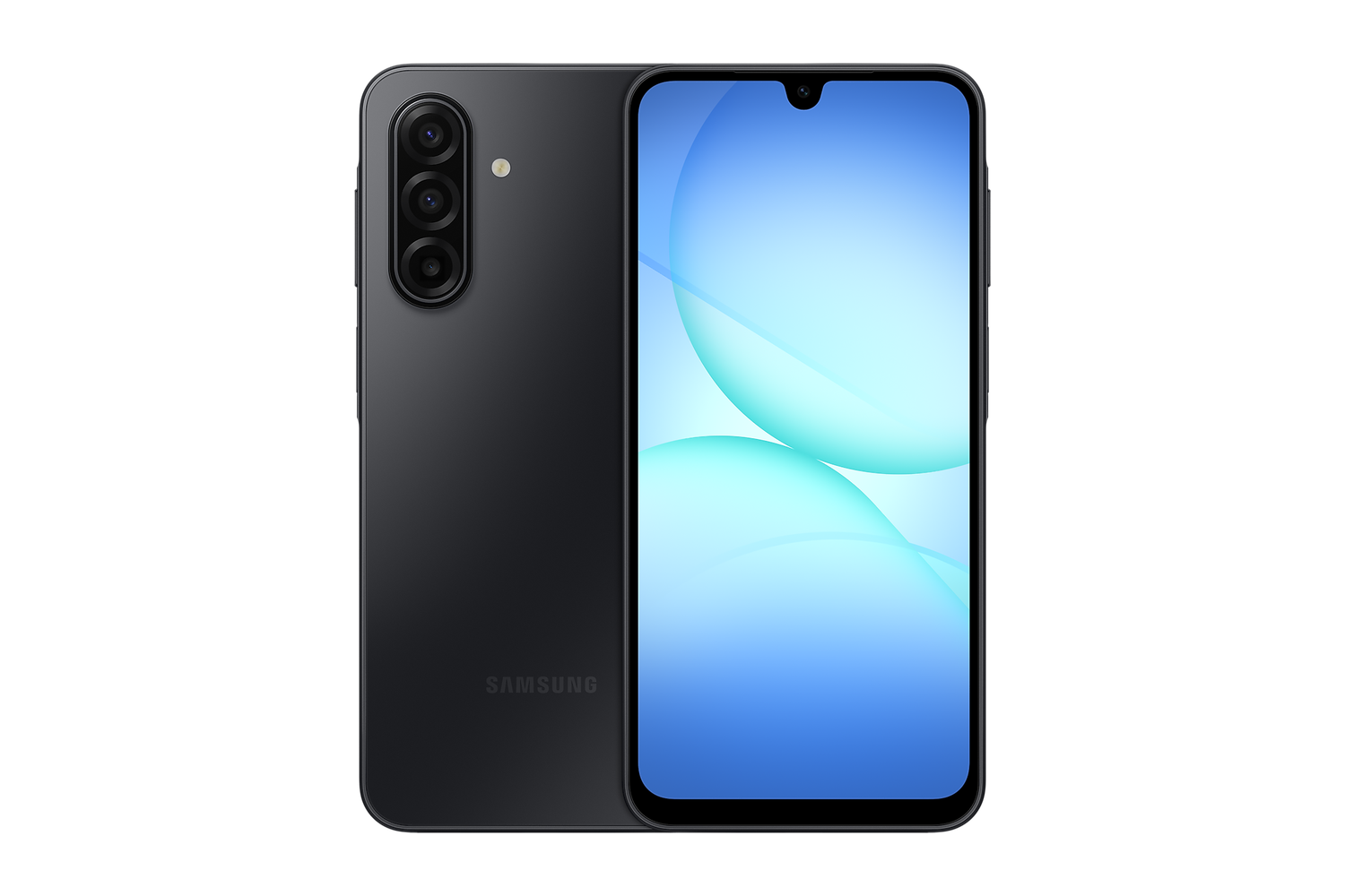 Samsung Galaxy A17 5G preto visto de frente e de trás, em fundo branco