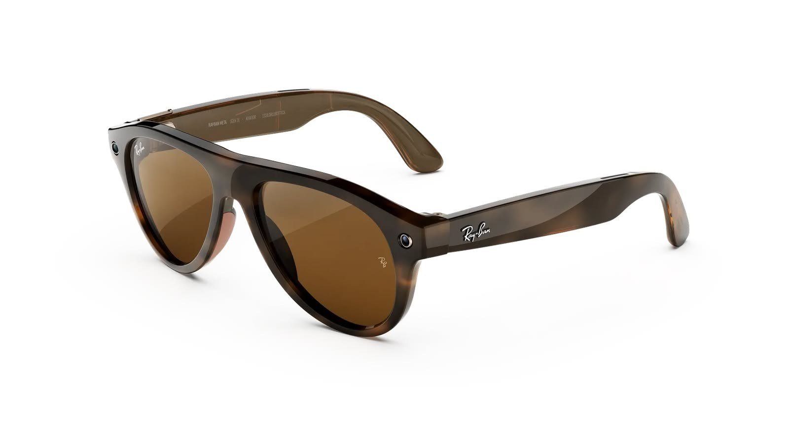 Óculos de sol Ray-Ban Meta Aviator (Gen 3) com armação Havana e lentes castanhas, vistos de lado sobre fundo branco