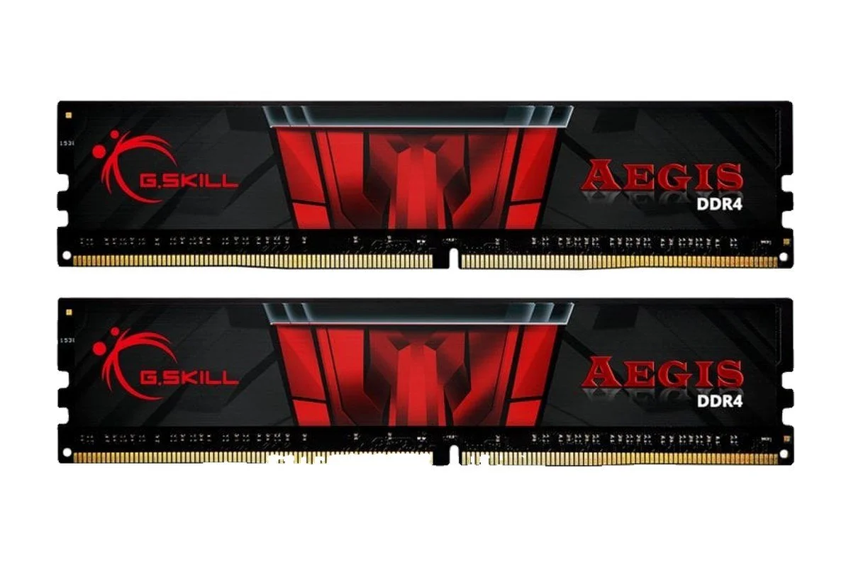Dois módulos de memória RAM G.Skill Aegis DDR4 pretos e vermelhos
