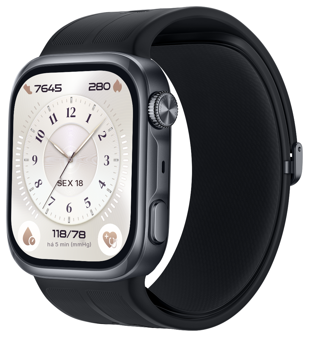 HUAWEI Watch D3 preto com mostrador analógico e a pressão arterial no ecrã