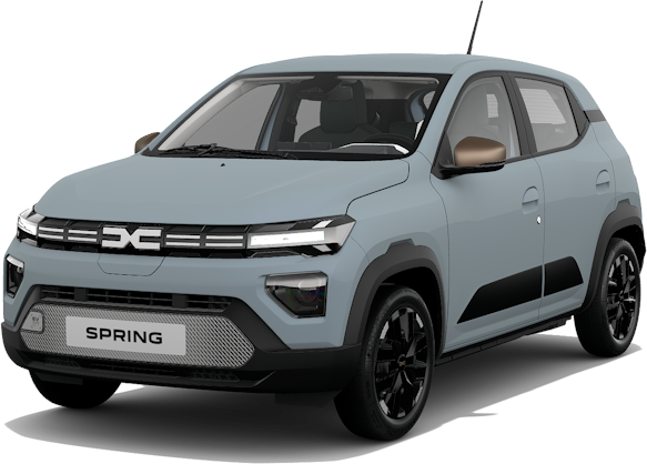 Dacia Spring cinzento-azulado visto de três quartos pela frente, em fundo branco