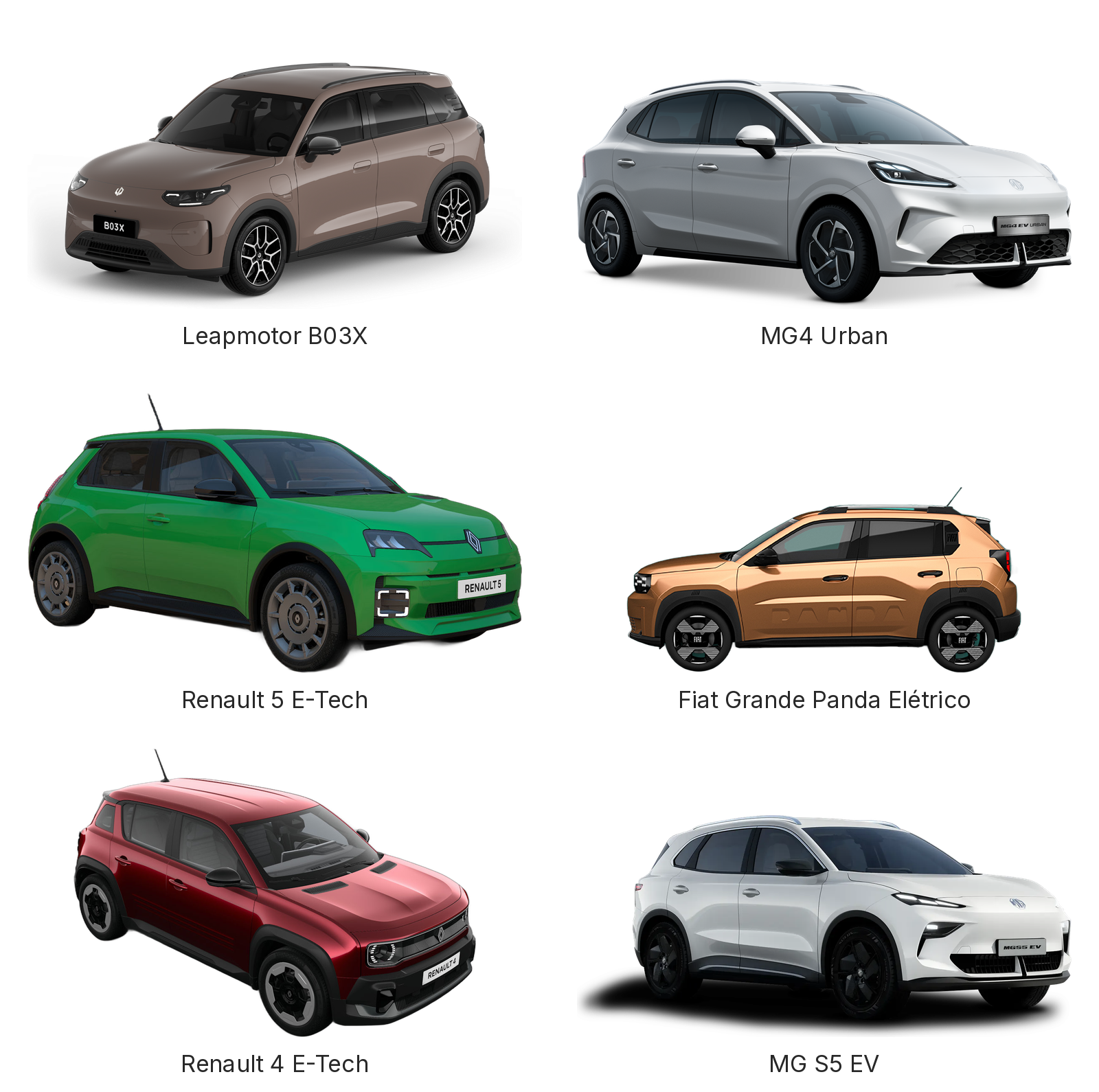 Leapmotor B03X, MG4 Urban, Renault 5 E-Tech, Fiat Grande Panda Elétrico, Renault 4 E-Tech e MG S5 EV em fundo branco