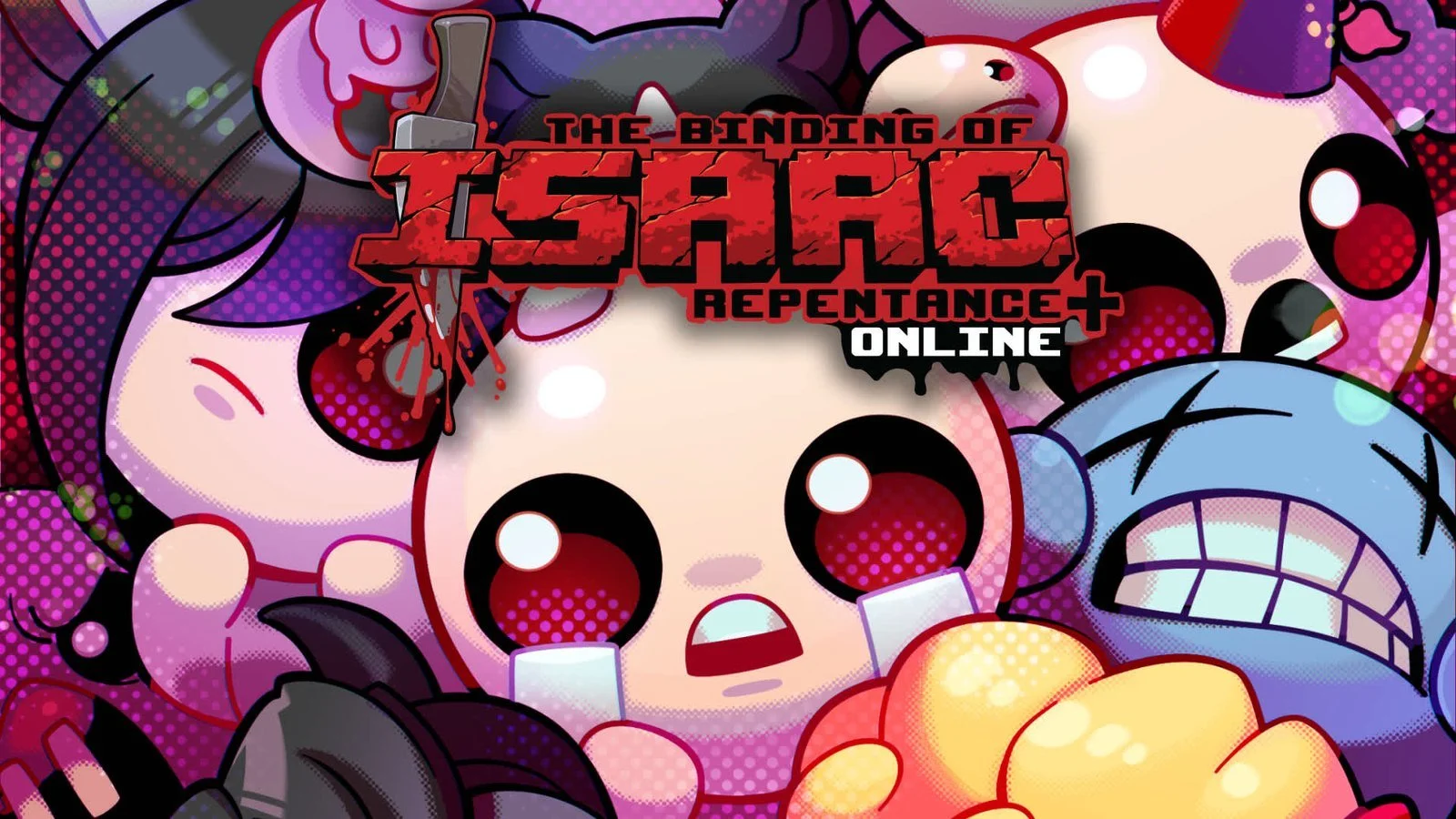Isaac e os monstros de The Binding of Isaac em estilo cartoon, com o logótipo do jogo