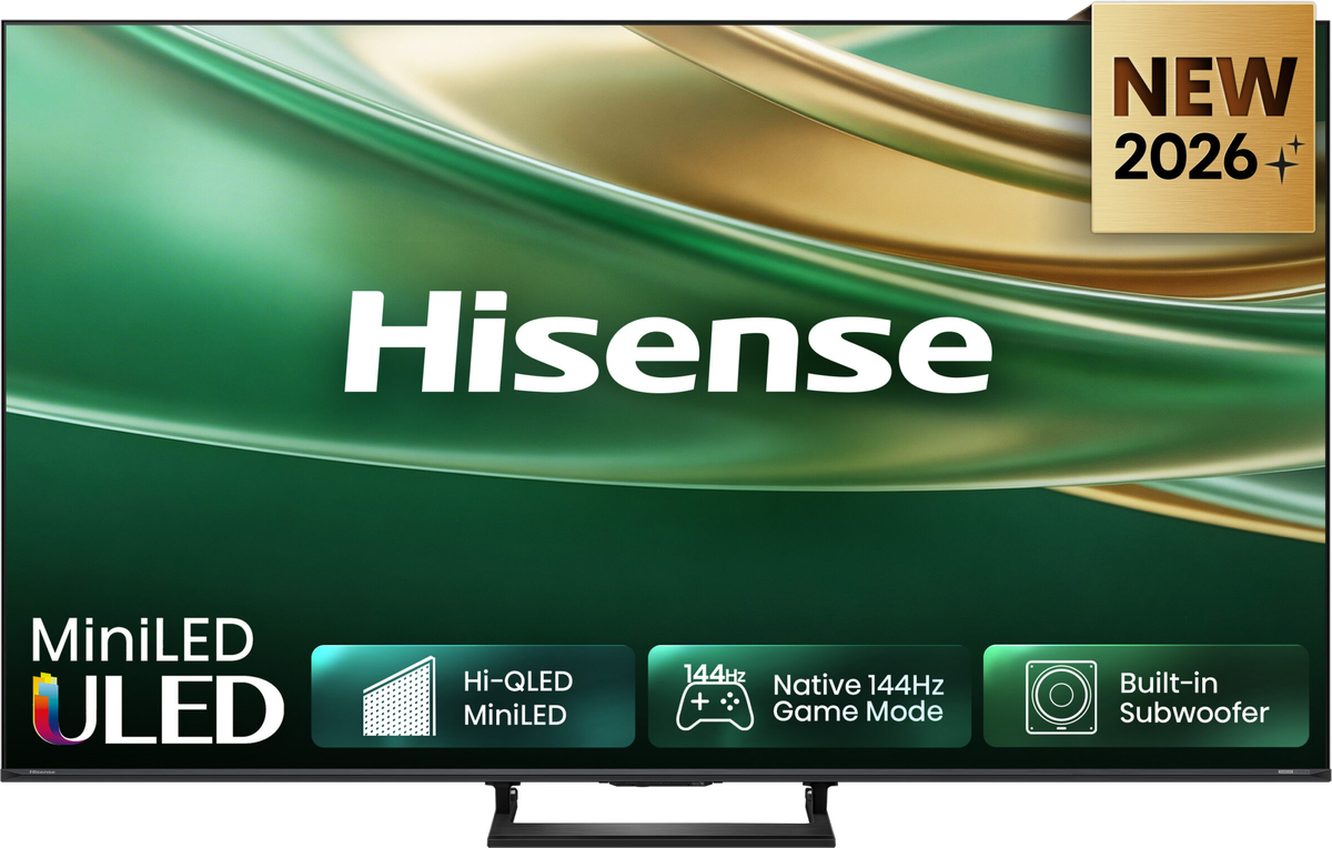 TV Hisense E8S Mini LED vista de frente, com o logótipo da Hisense no ecrã