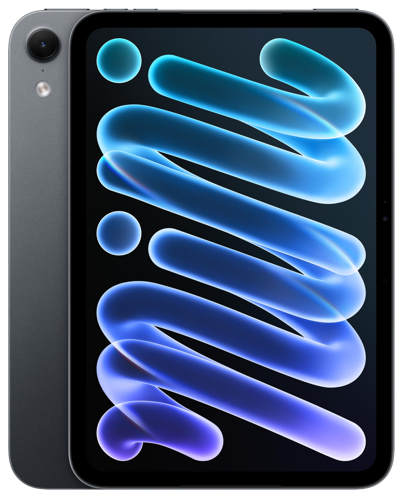 Novo iPad mini com ecrã OLED na cor Meia-noite, visto de frente e de trás
