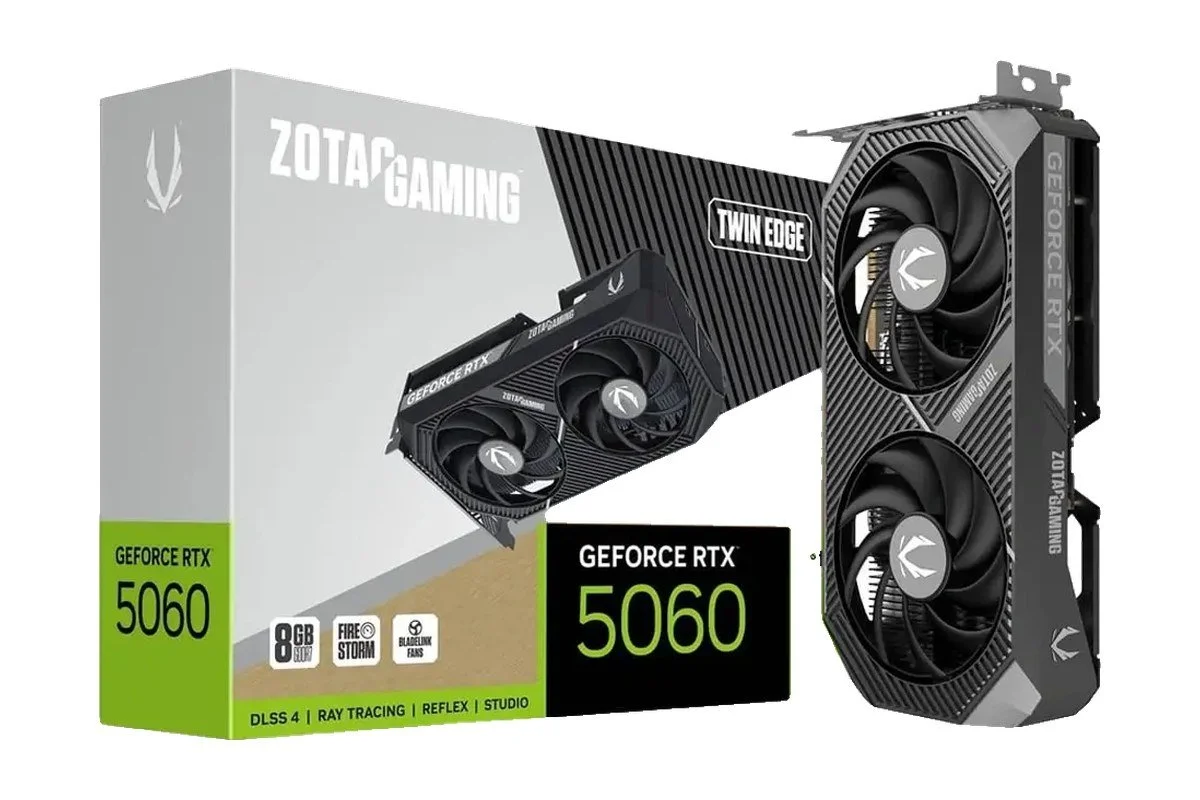 Placa gráfica Zotac RTX 5060 Twin Edge com duas ventoinhas, ao lado da caixa