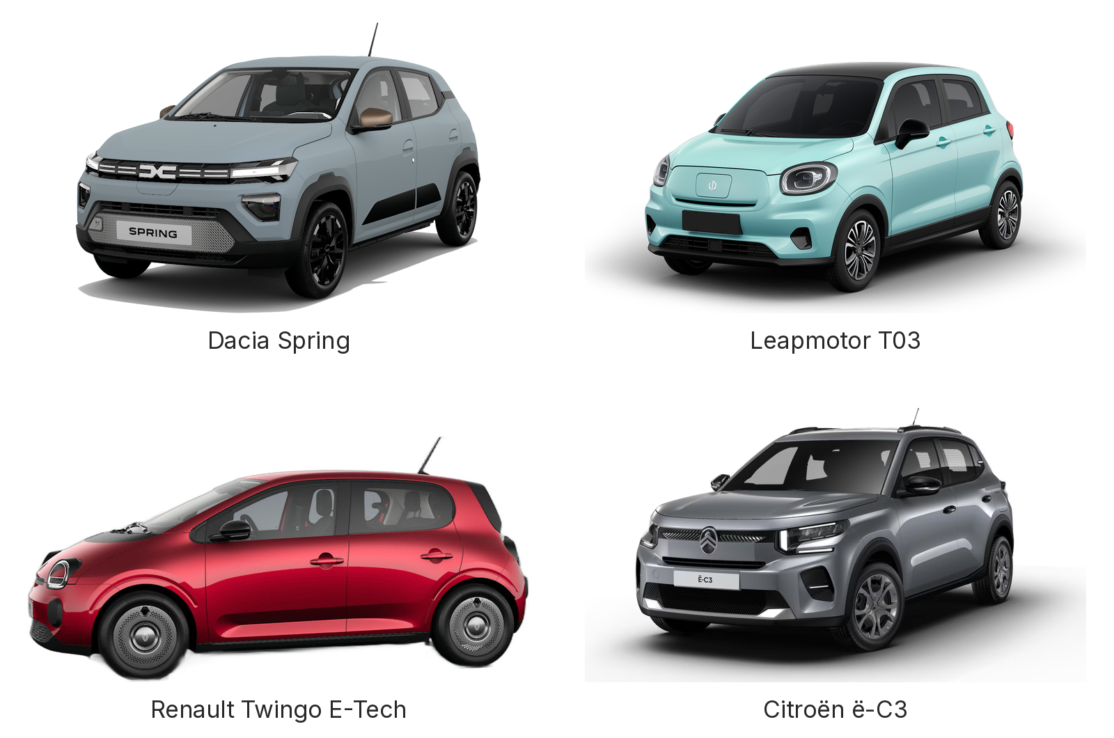 Dacia Spring, Leapmotor T03, Renault Twingo E-Tech e Citroën ë-C3 em fundo branco, os quatro elétricos que caberiam no cenário de 80%