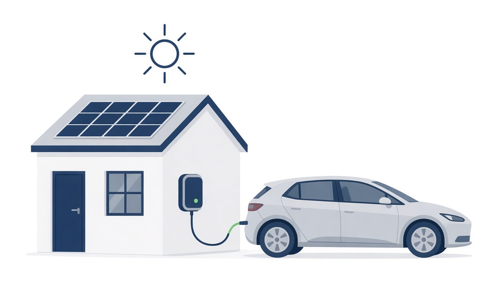 Ilustração minimalista de um carro elétrico ligado a um carregador de parede numa casa com painéis solares no telhado e o sol por cima