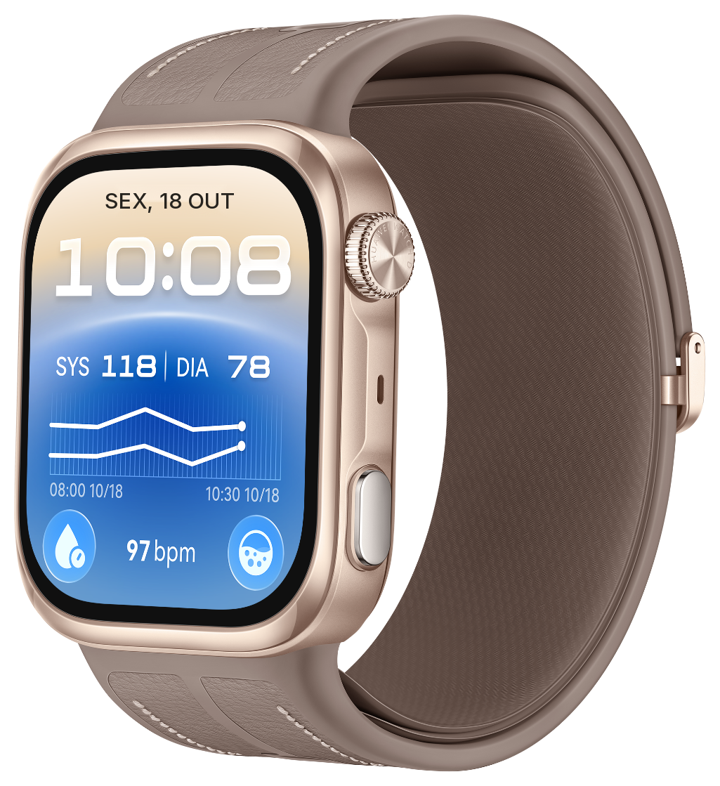 Smartwatch HUAWEI Watch D3 dourado com bracelete castanha, com a pressão arterial no ecrã