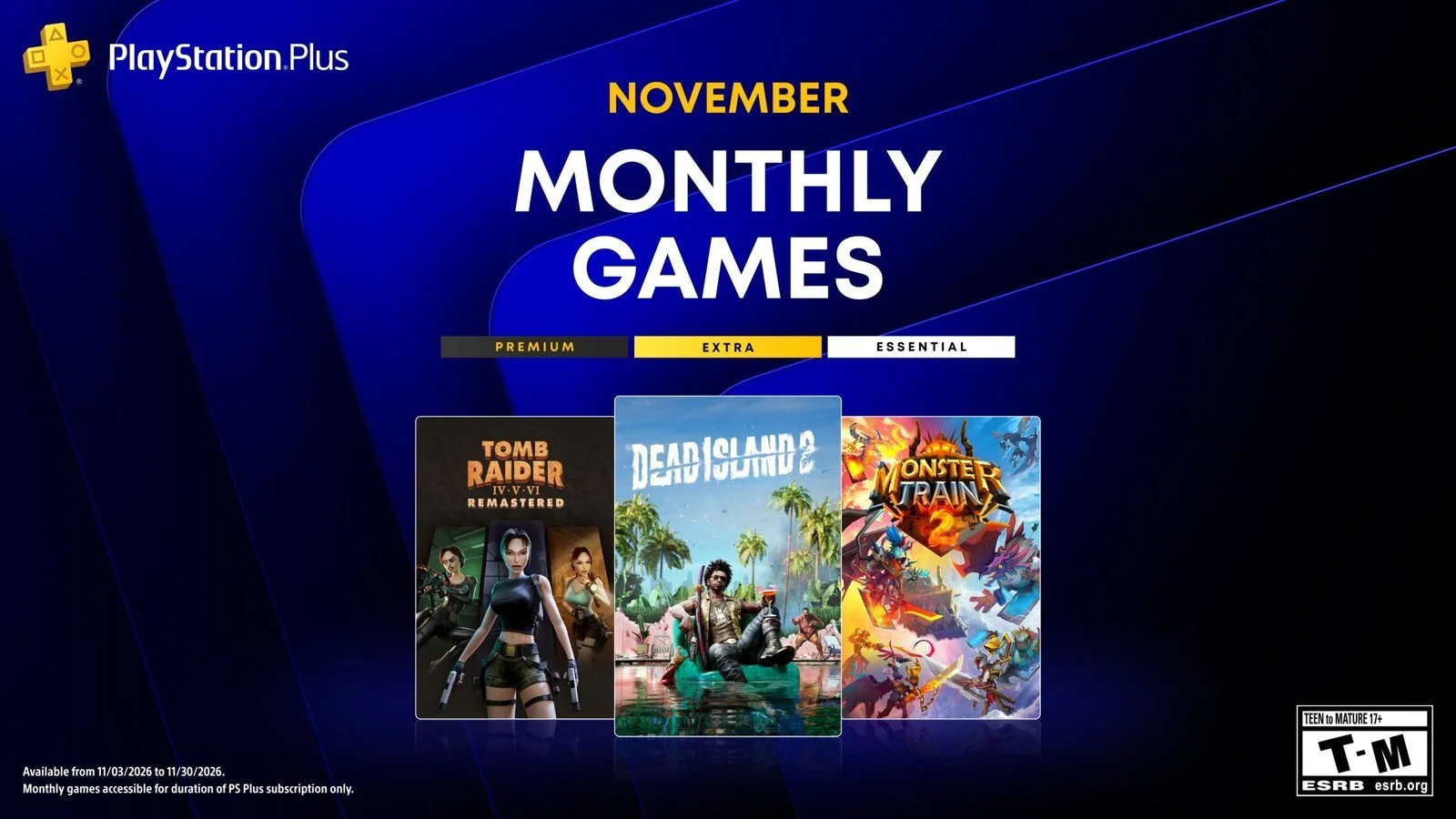 Os jogos mensais da PlayStation Plus de novembro de 2026: Tomb Raider IV–VI Remastered, Dead Island 2 e Monster Train 2