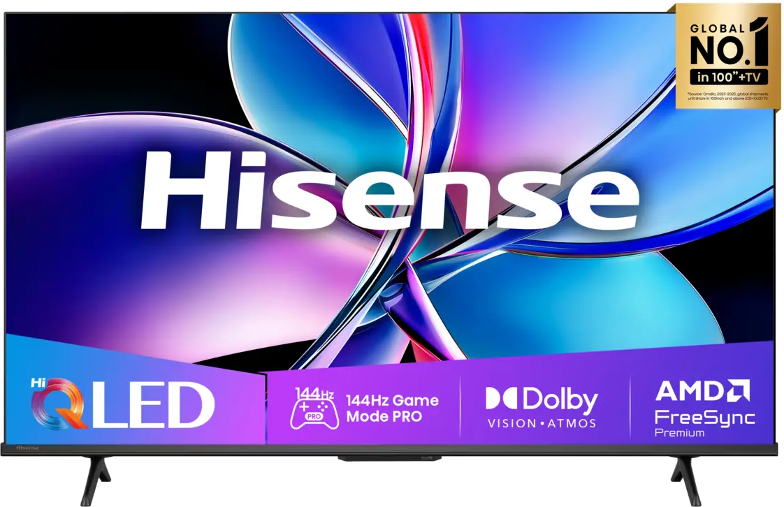 TV Hisense E7Q Pro QLED vista de frente, com o logótipo da Hisense no ecrã