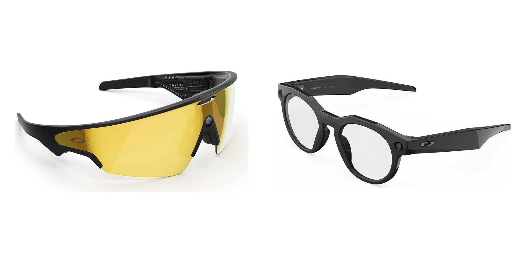 Óculos Oakley Meta Vanguard com lente envolvente dourada, à esquerda, e Oakley Meta HSTN pretos com lentes transparentes, à direita