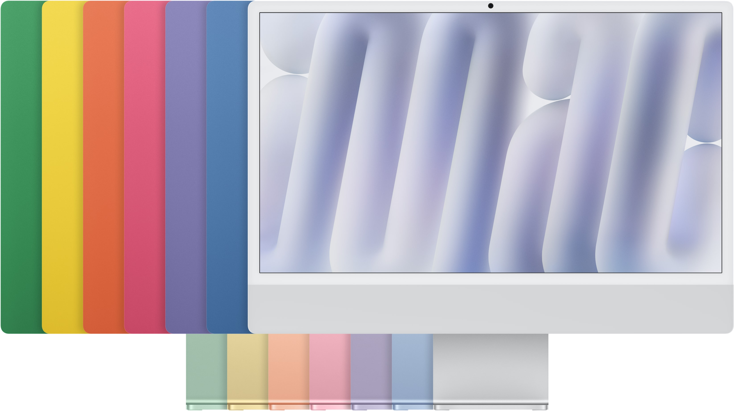 Novo iMac de 24 polegadas com chip M6 na cor prateada, à frente das outras seis cores: verde, amarelo, laranja, rosa, roxo e azul