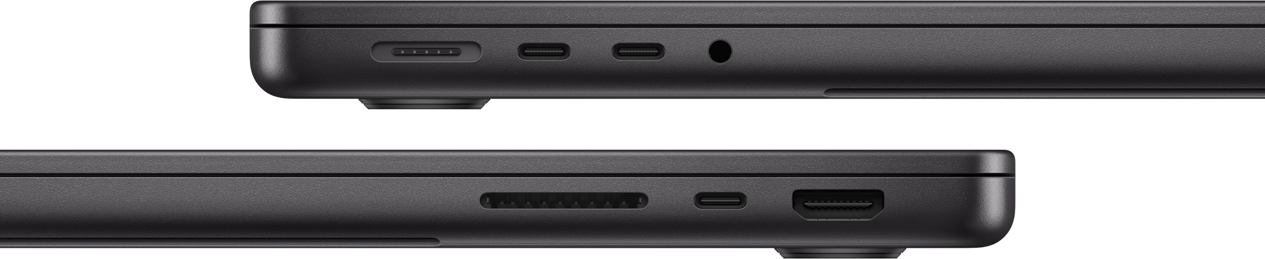 Laterais do novo MacBook Pro de 14 polegadas com M6 em preto sideral, com as portas MagSafe, Thunderbolt, auscultadores, cartão SD e HDMI