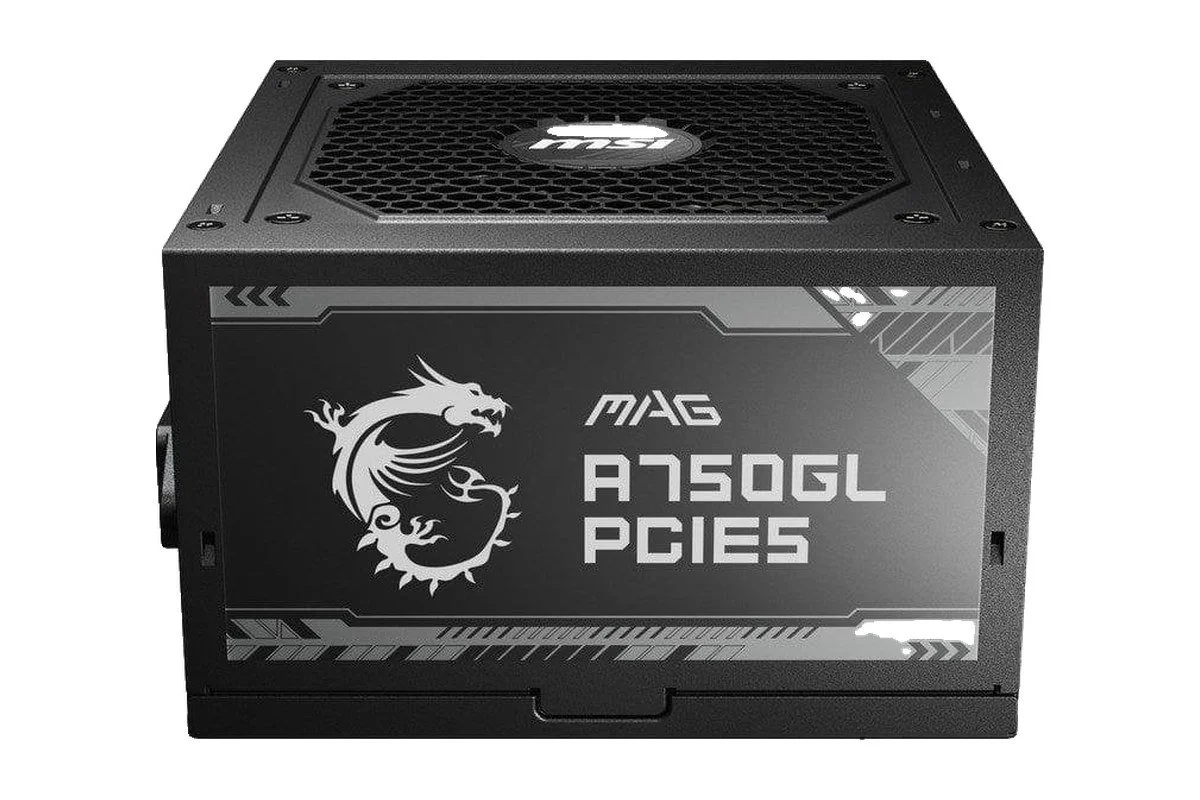 Fonte de alimentação MSI MAG A750GL preta com logótipo do dragão