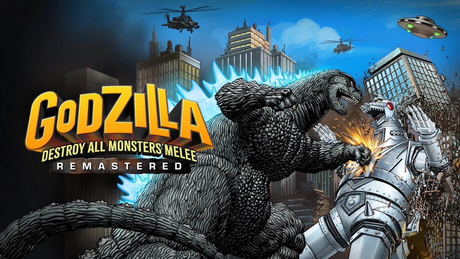 Godzilla e Mechagodzilla a lutar no meio de uma cidade, com o logótipo de Godzilla Destroy All Monsters Melee Remastered