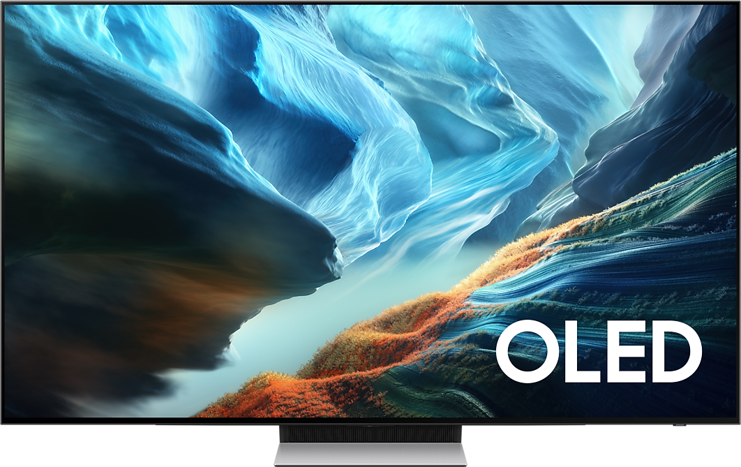 TV Samsung OLED S90H de 65 polegadas vista de frente, com uma paisagem azul no ecrã