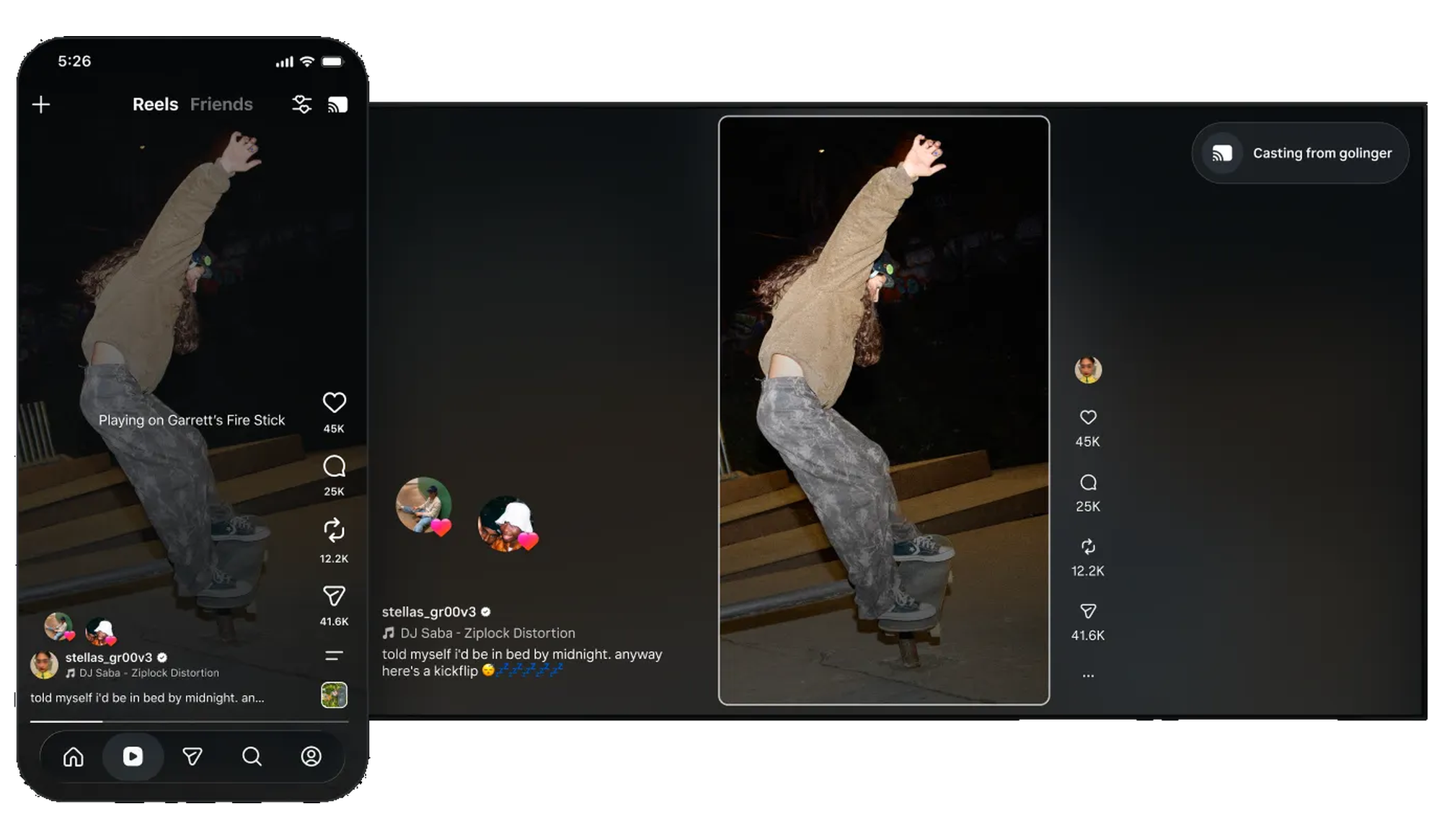 Um Reel do Instagram enviado do telemóvel para a televisão, a ser visto em ecrã grande