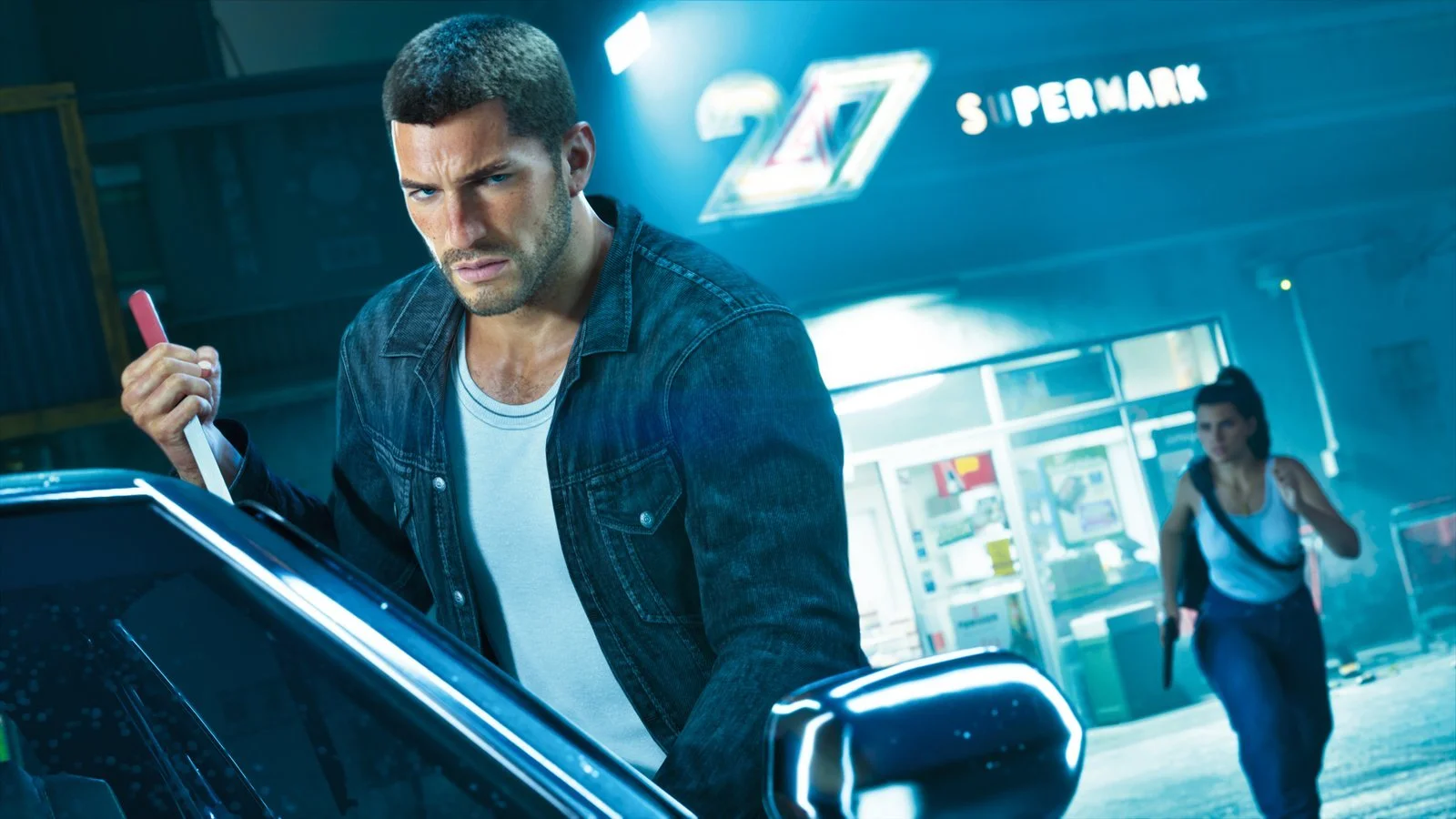 Jason a abrir um carro enquanto Lucia sai a correr de um supermercado 24/7 depois de um assalto