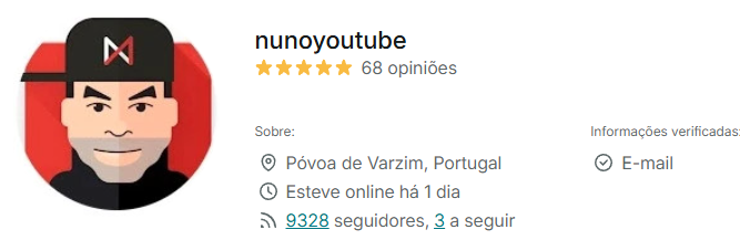 Perfil nunoyoutube do Nuno Agonia na Vinted com 5 estrelas e 68 opiniões