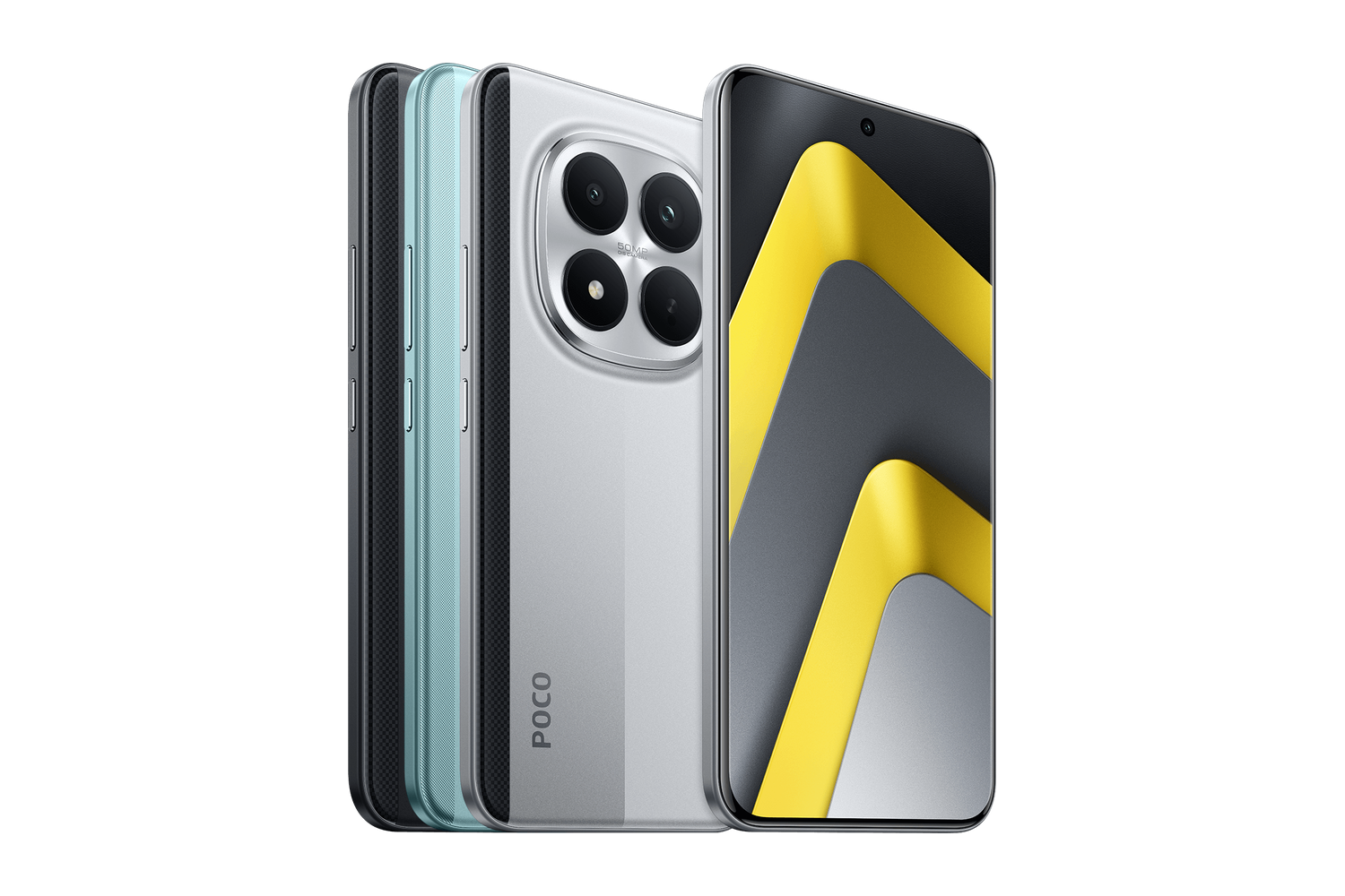 Poco M8 Pro 5G prateado visto de frente e de trás, ao lado das outras cores, em fundo branco