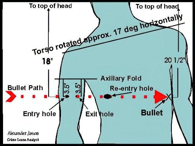 Diagram showing a tactical map for a shooting scenario along a bullet path from an entry hole to a bullet exit hole, including measurements, a re-entry hole, an auxiliary fold, and reference points for head-to-top measurements.