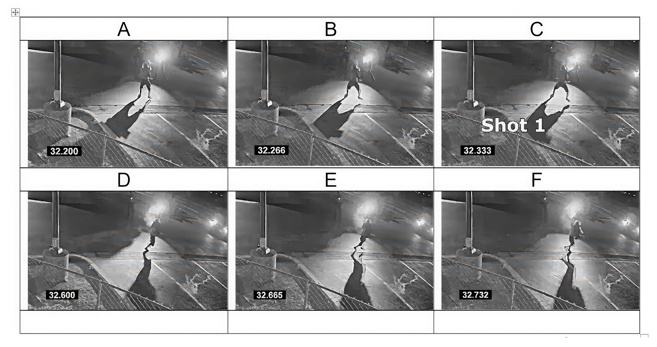Sequence of six surveillance images showing a person running across a street at night, with timestamps ranging from 32.200 to 32.732 seconds. The images are labeled A through F, with F showing the person mid-stride. Shot 1 is marked in image C.