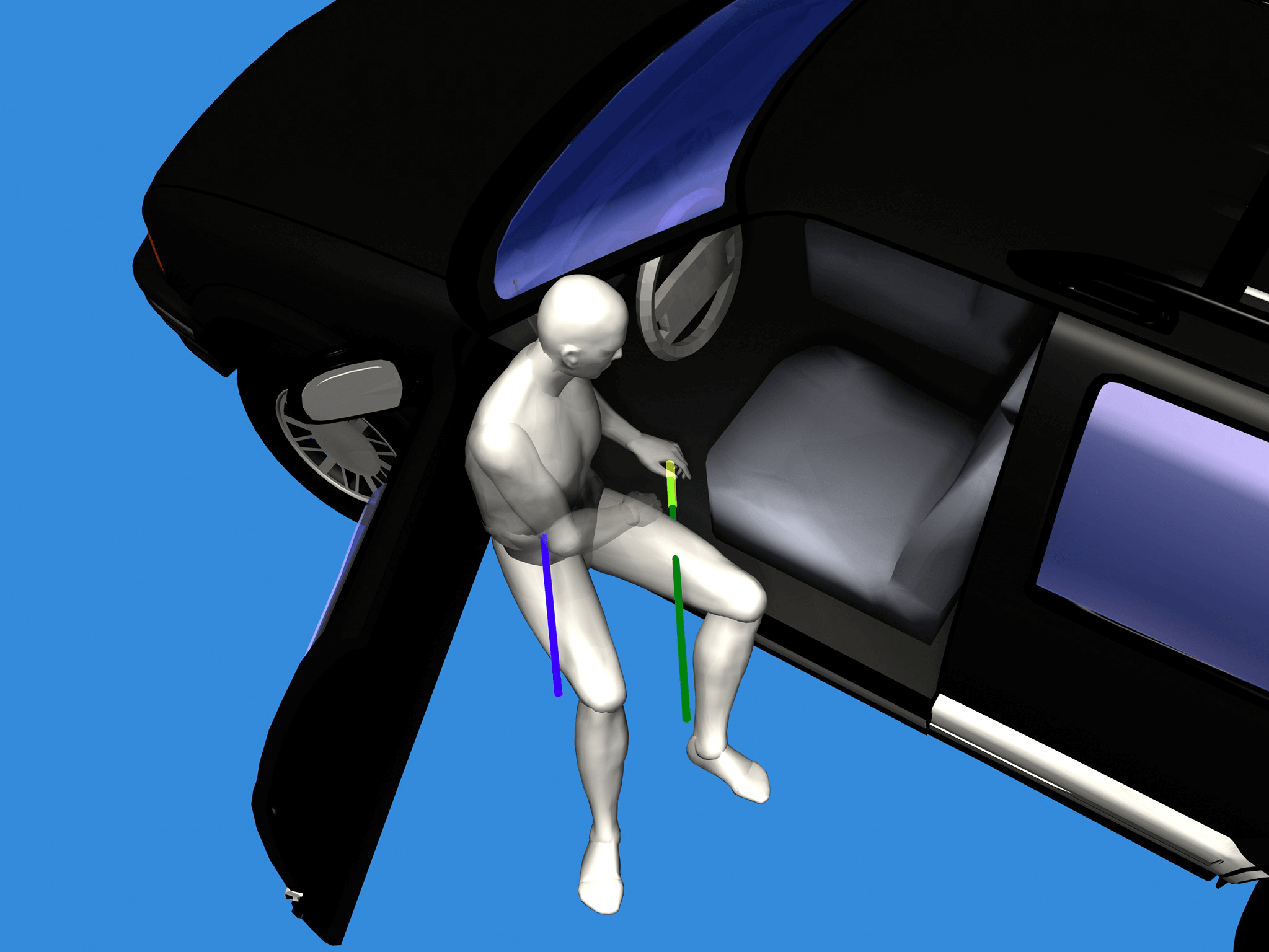 Digital illustration showing a human figure seated inside a black car, with the door open, viewed from above against a blue background.