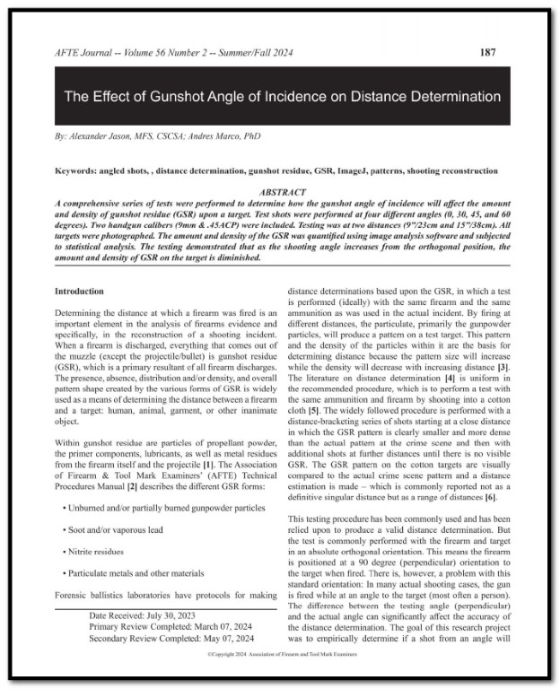 Technical journal page titled 'The Effect of Gunshot Angle of Incidence on Distance Determination' by Alexander Jason and Andres Marco, including keywords, abstract, and introduction sections.