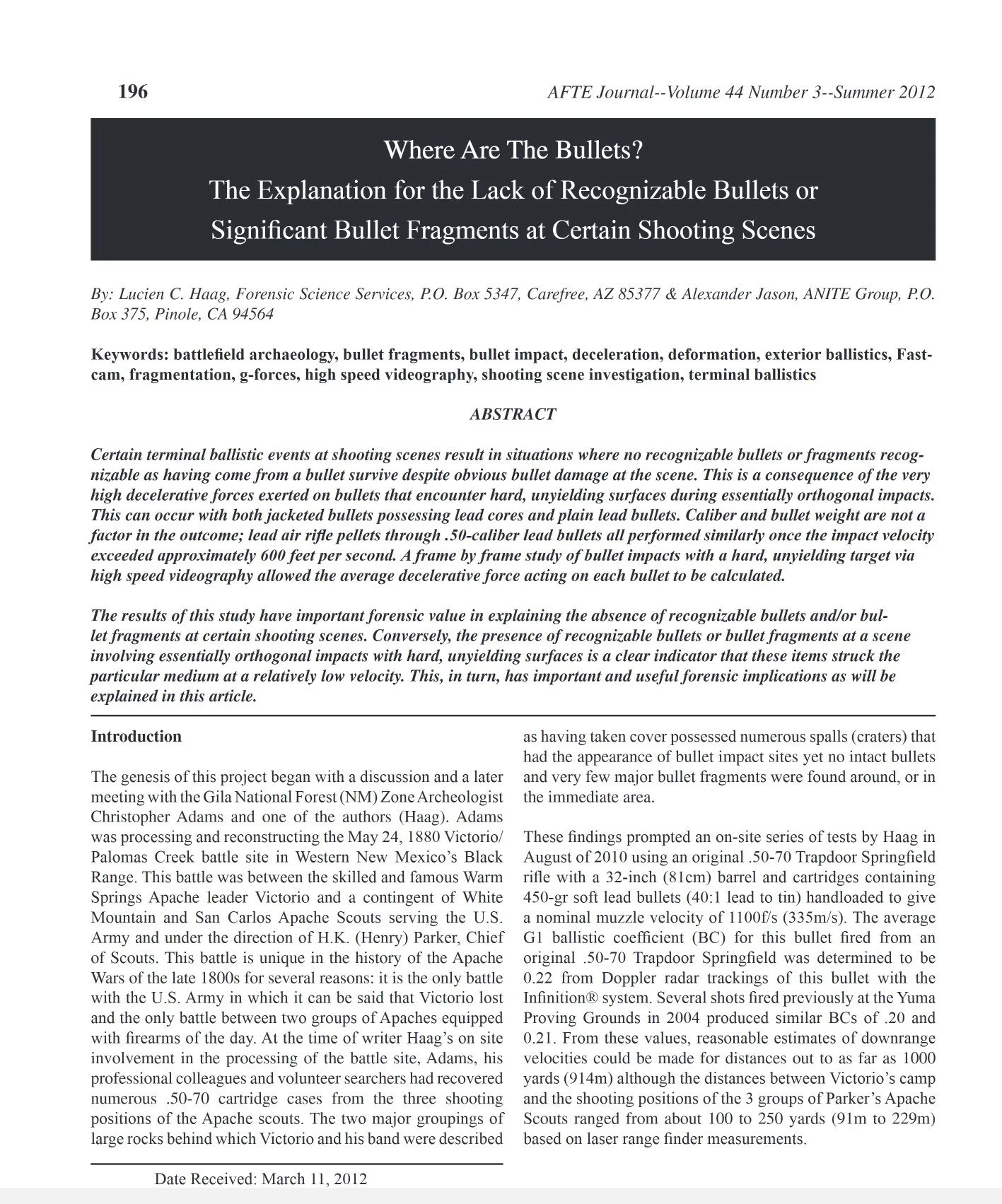 Magazine academic journal article titled 'Where Are The Bullets?' discussing ballistics and forensic analysis of bullet fragments at shooting scenes.