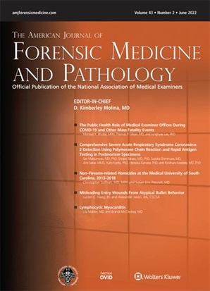 Cover of The American Journal of Forensic Medicine and Pathology, Volume 43, Number 2, June 2022, featuring a burnt orange background with white text and logos, including Wolters Kluwer.
