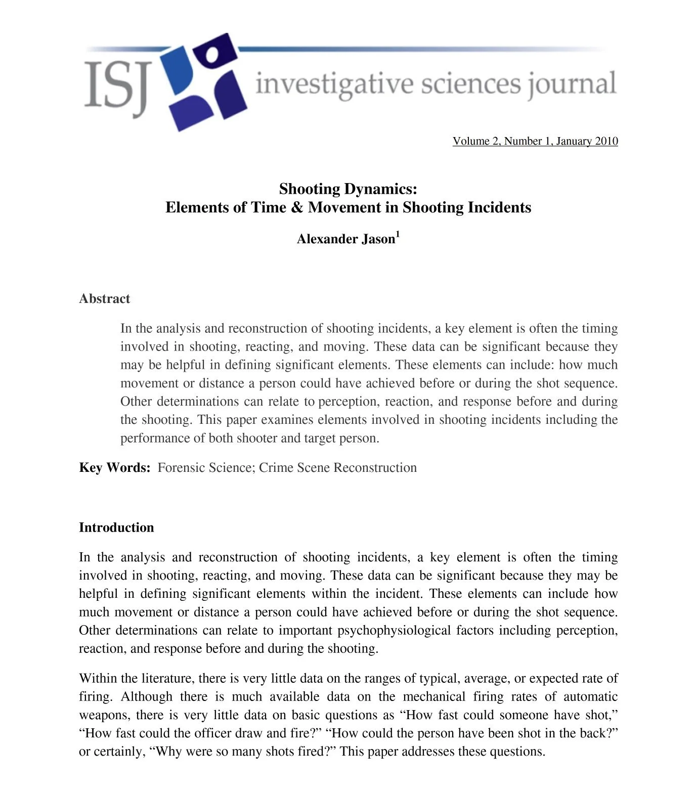 Title page of an academic journal article from ISJ Investigative Sciences Journal, titled 'Shooting Dynamics: Elements of Time & Movement in Shooting Incidents' by Alexander Jason, published in January 2010.