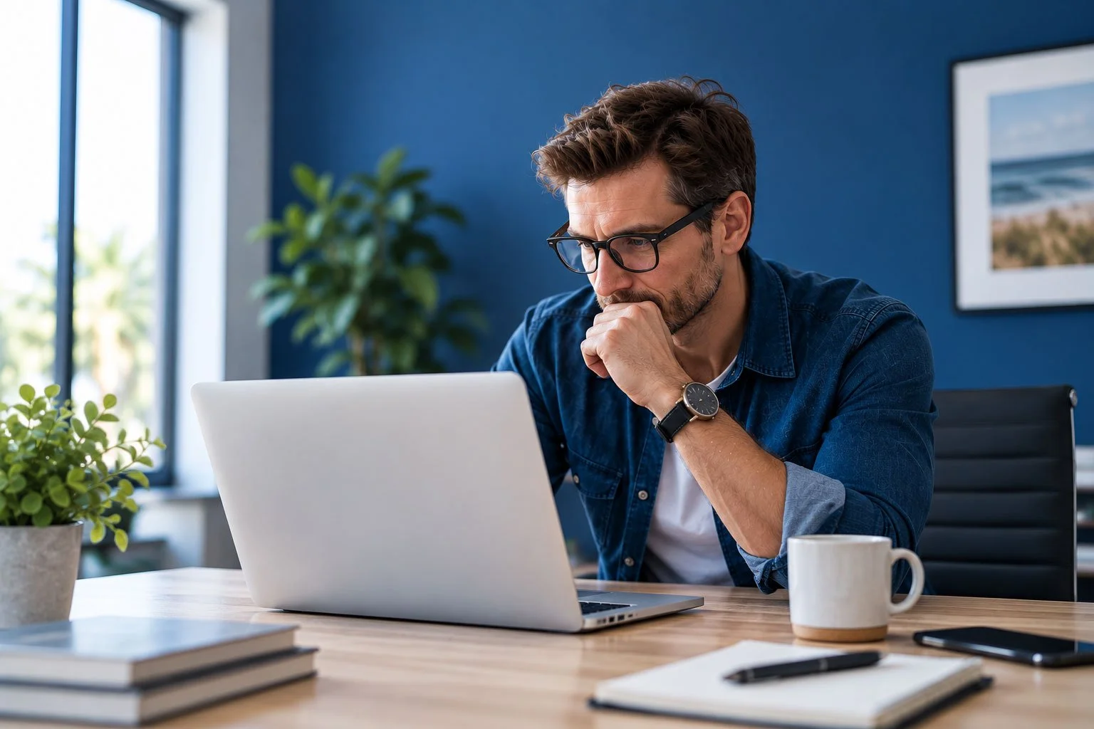 Marketing guy working on laptop in blue office